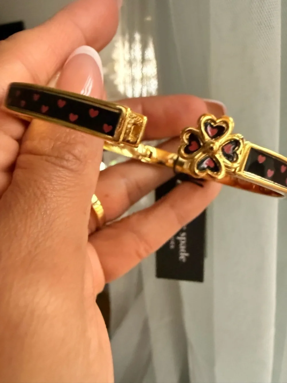 kate spade Gold-Tone Black Enamel Bangle with Pink Heart Clover - Picture 4 of 5